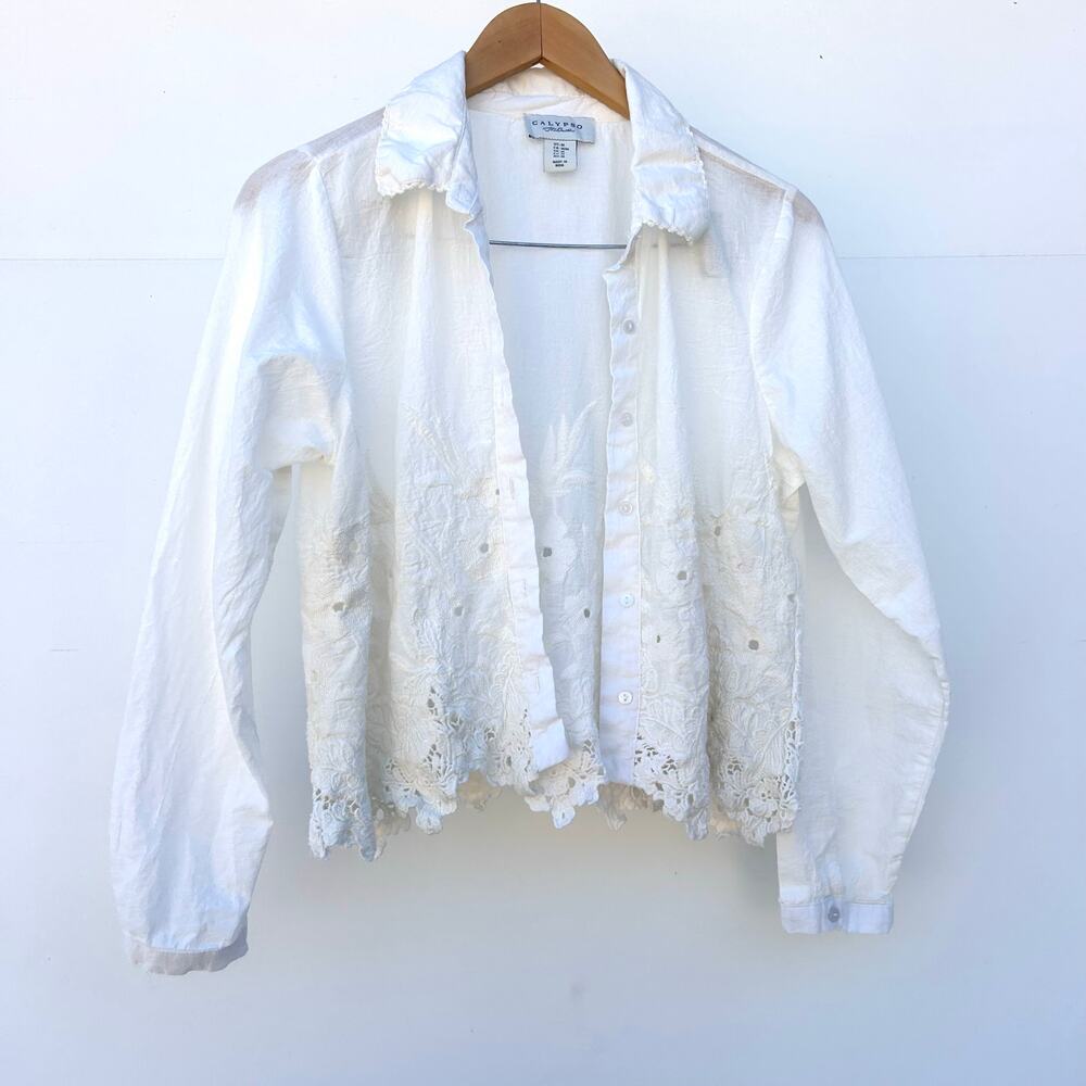 Calypso St. Barth White Lace Embroidered Button Down Medium Cottagecore Top - Picture 2 of 8